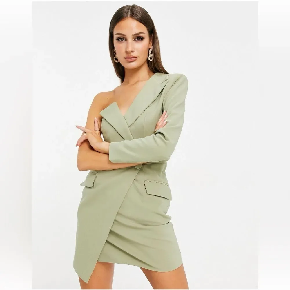 Lavish Alice One Shoulder Blazer Cocktail Mini Dress in Sage Green size 2 (US)